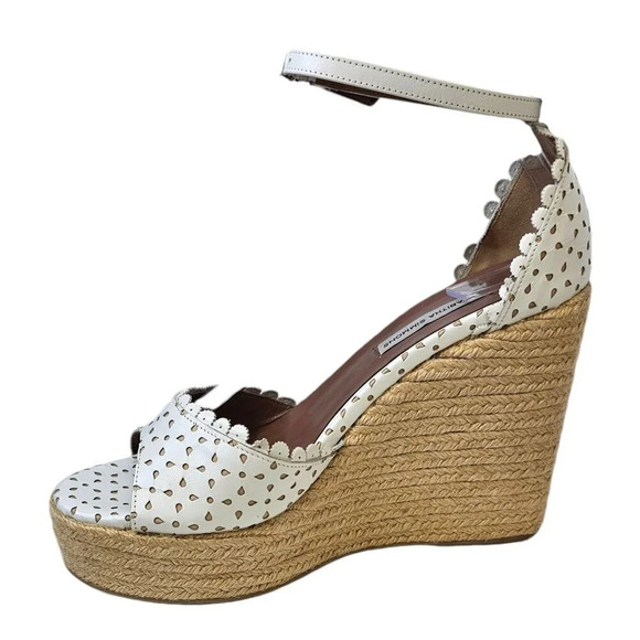 Tabitha Simmons Harp White Flower Perforated Leather Wedge Jute Sandal 38 US 7.5 - Picture 12 of 13